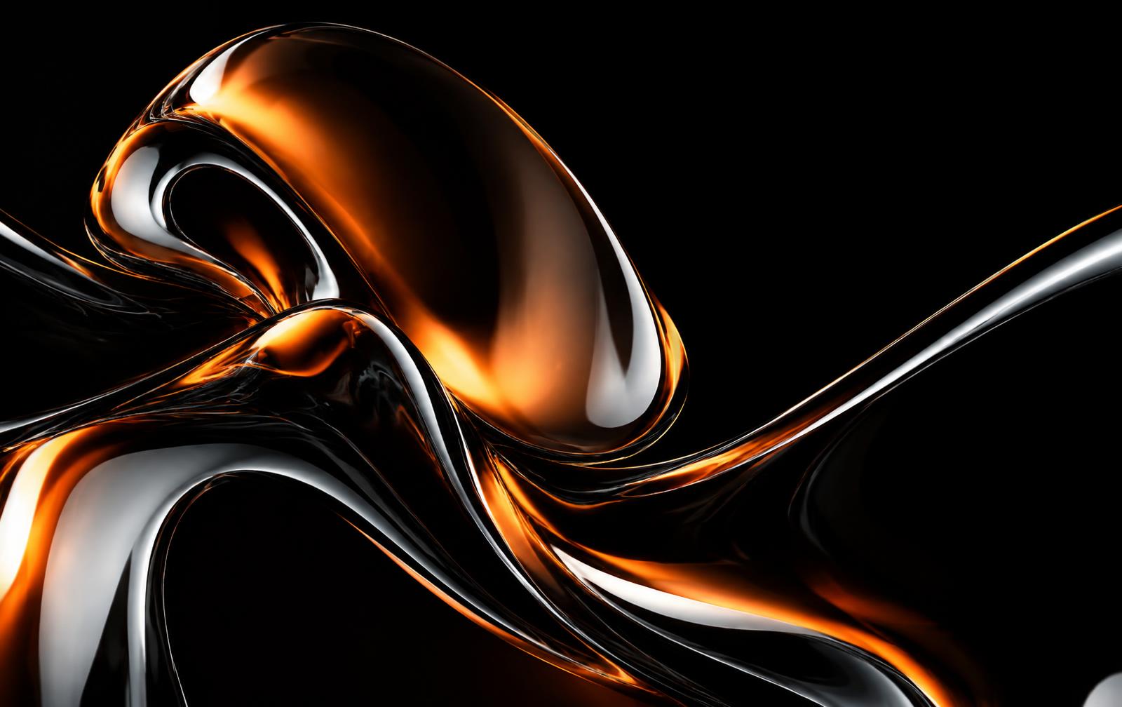 Liquid chrome forms glowing with warm orange light
