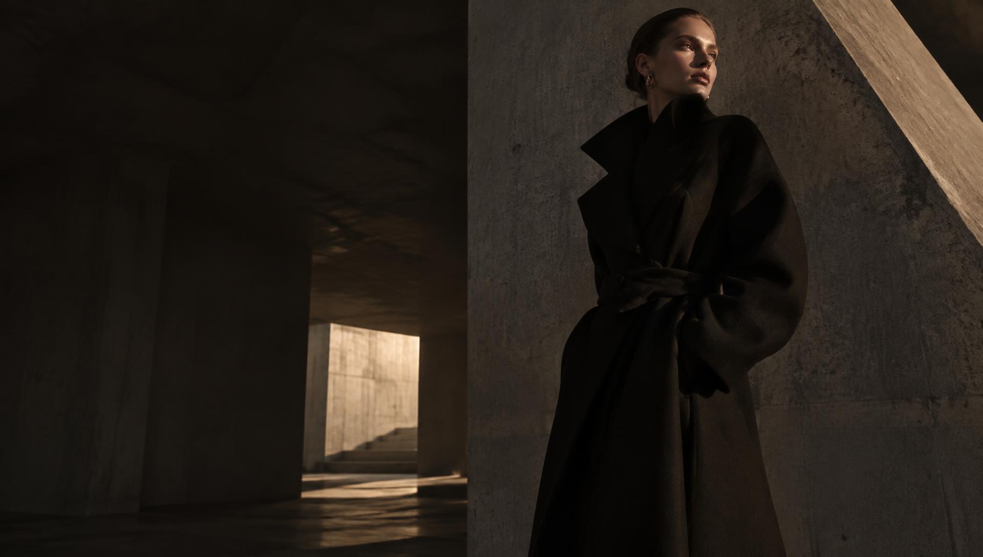 Model in a sculptural black coat standing in warm light inside brutalist concrete architecture